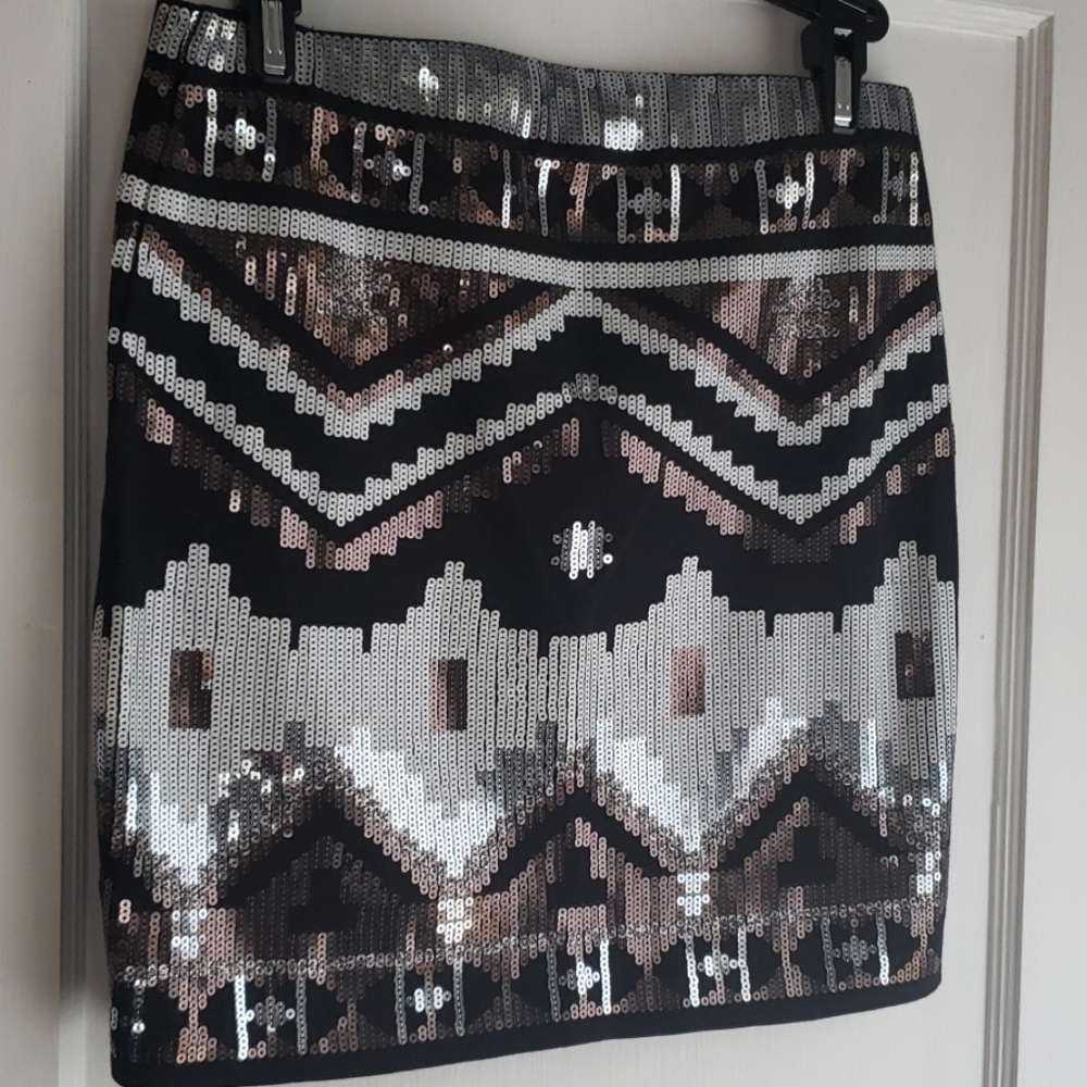 Express Silver Black White Sequin Mini Skirt S - image 3